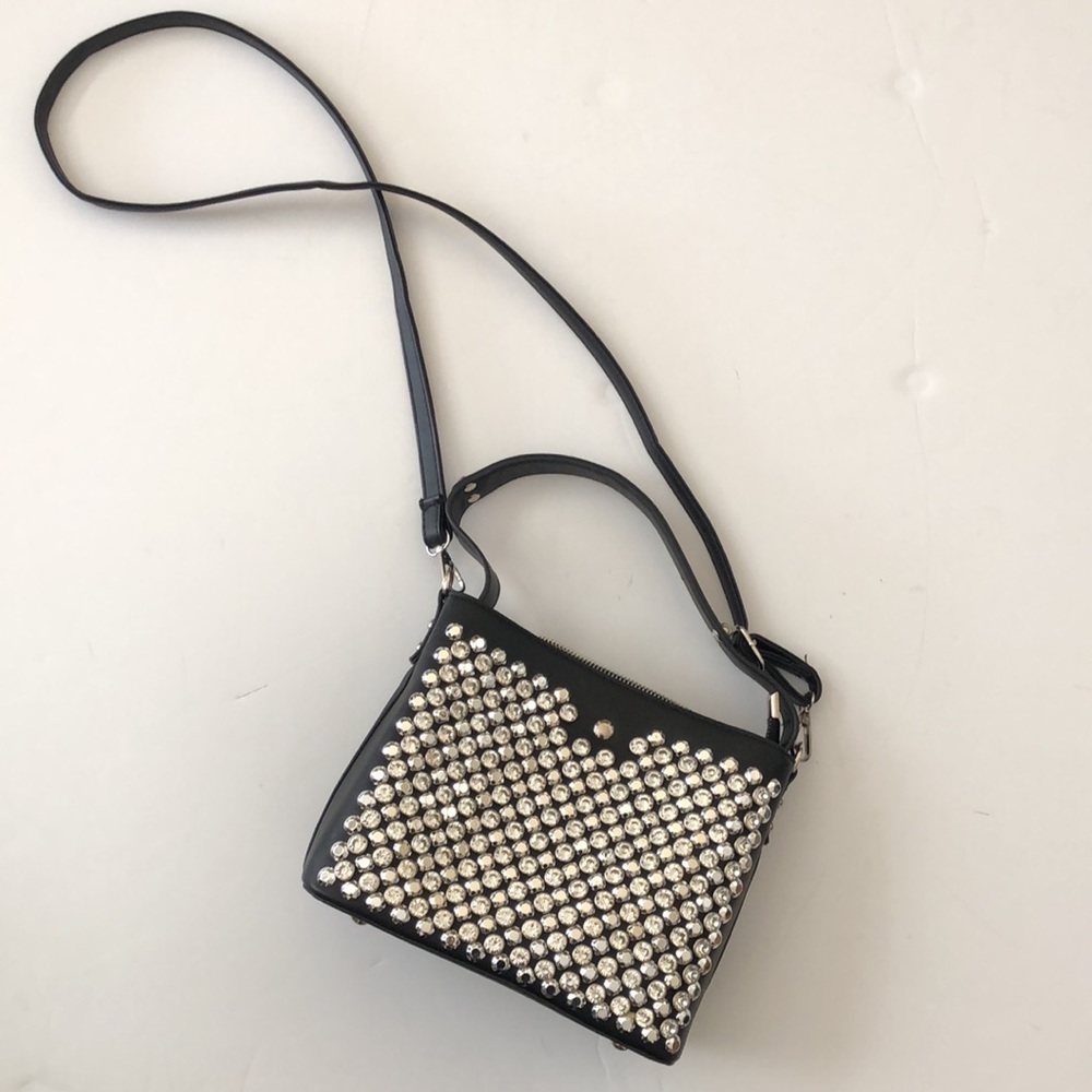 Amazing Black Vegan Leather Rhinestone Studded Handbag